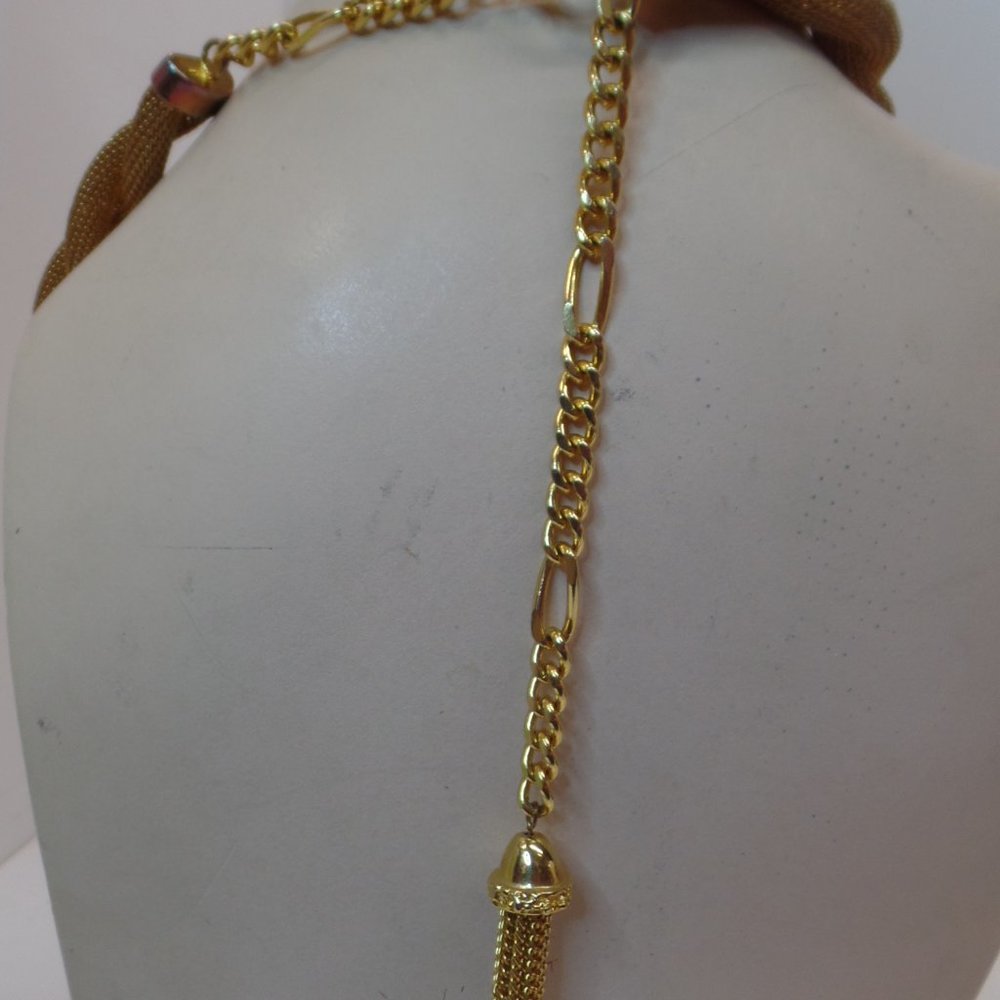 Vintage Antiqued Gold Tone Mesh Metal Thick Rope Chain With Tassel 37" - Picture 5 of 11